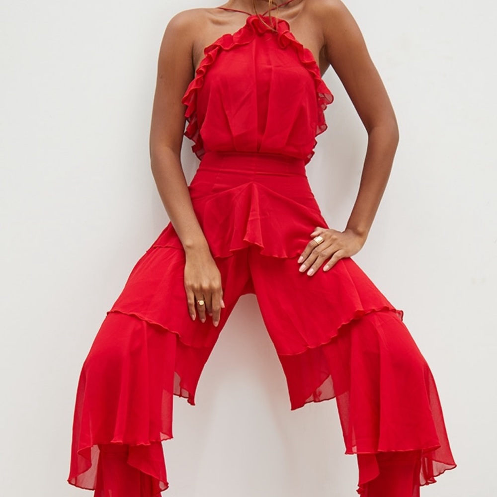 Elegant Red Ruffled Jumpsuit
